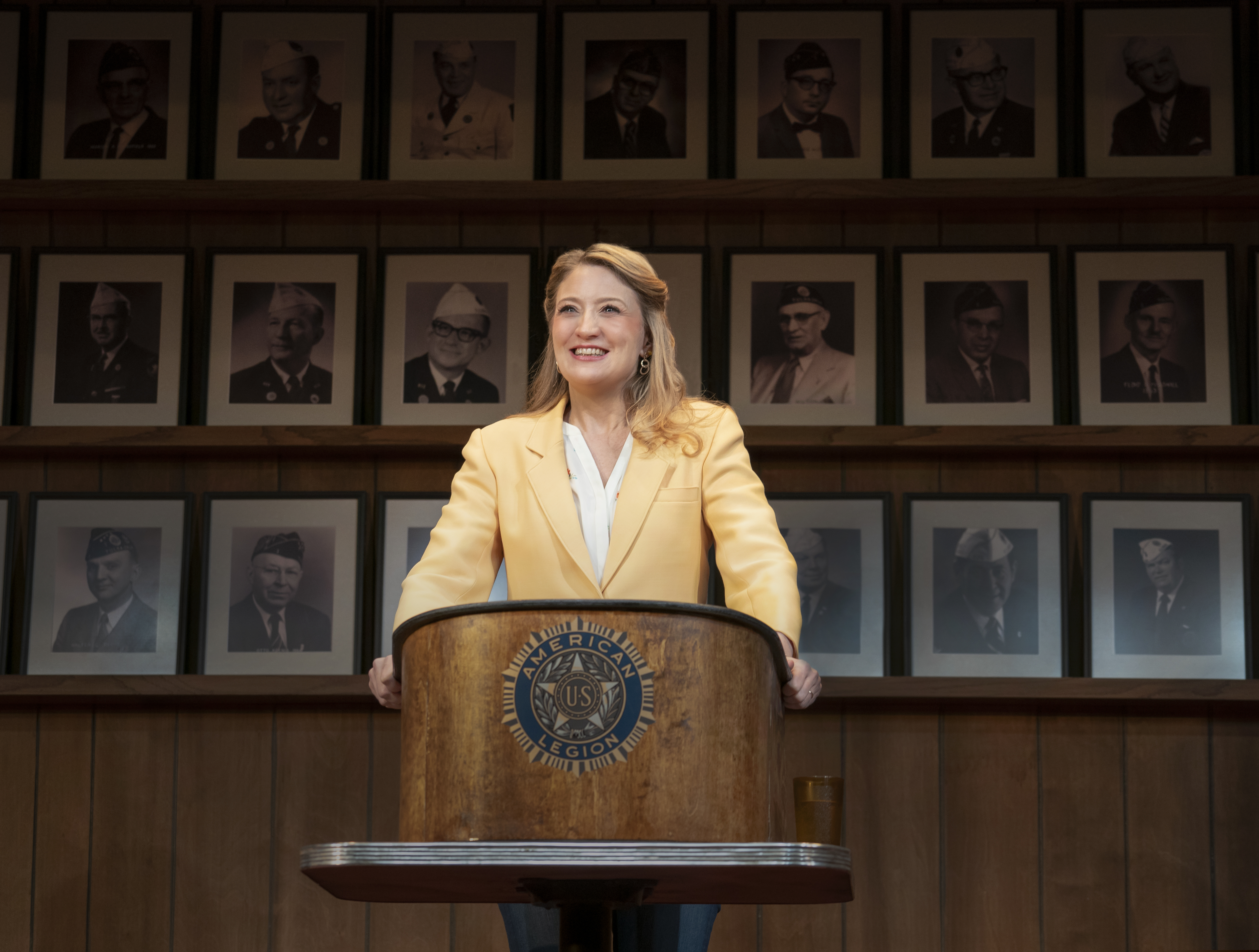 (Joan Marcus/Amazon via AP) Heidi Schreck in a scene from "What the Conststution Means to Me," which draws on Schreck’s experiences as a high-school debate champion and the lives of her female relatives to explore America’s principles and the struggle women and minorities have faced to be heard and protected by its founding document. In the work, Schreck calls the Constitution “a living, warm-blooded, steamy document,” but one in which women’s bodies were left out “from the beginning.”