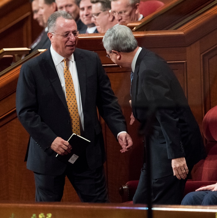 (Rick Egan  |  The Salt Lake Tribune)         Gerrit W. Gong and Ulisses Soares leave their seats to join the quorum of the 12 apostles, during the morning session of the 188th Annual General Conference in Salt Lake City,  Saturday, March 31, 2018.
