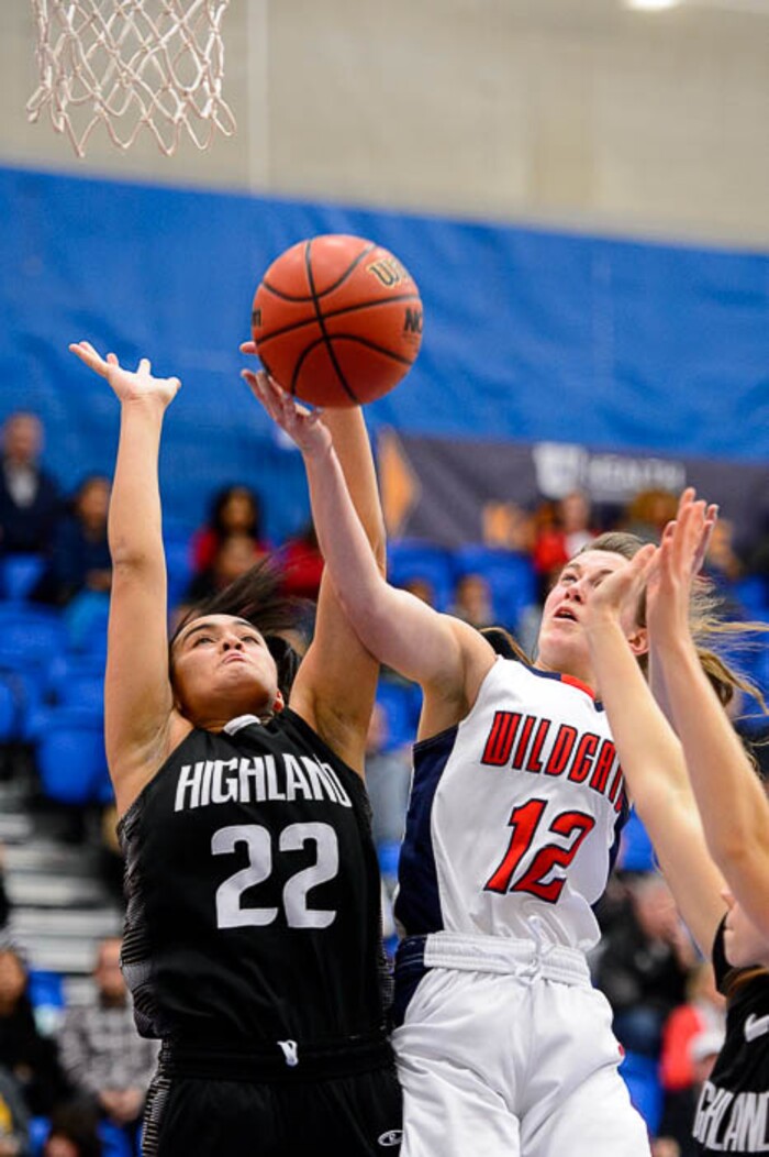 (Trent Nelson | The Salt Lake Tribune)  as Woods Cross faces Highland in the 5A High School Girls' Basketball Tournament at SLCC in Taylorsville, Wednesday Feb. 21, 2018.