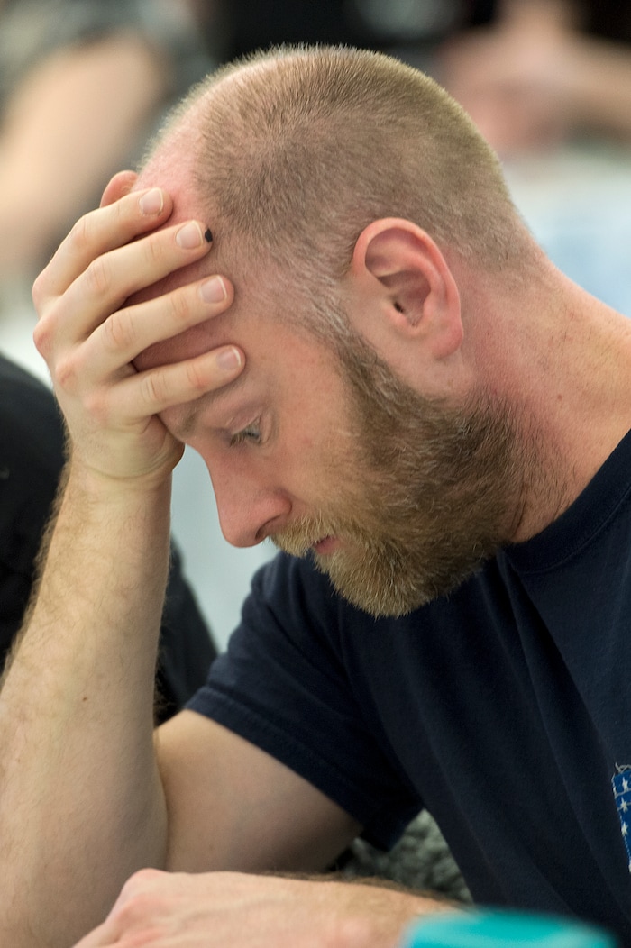 (Leah Hogsten  |  The Salt Lake Tribune)  Student Doug Hillson mixes paint on his pallet as he gets ready to paint with former television star painter Bob Ross during a Bob Ross Paint-Along class, Saturday, Jan. 6, 2018, at the Salt Lake City Public Library's Sweet Branch in the Avenues.