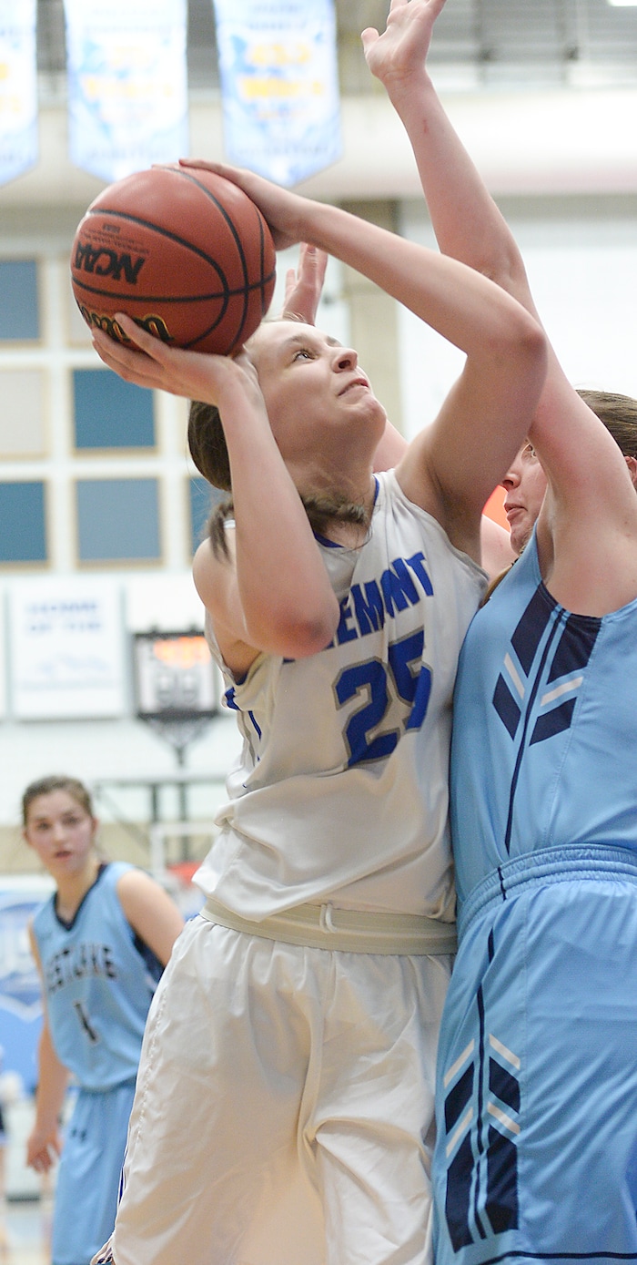 (Leah Hogsten  |  The Salt Lake Tribune) Fremont's Emma Calvert (25) drives to the net.  Fremont defeated Westlake 54-50 in their semifinal game of the 6A High School Girls' Basketball Tournament at SLCC in Taylorsville, Friday, Feb. 23, 2018. 