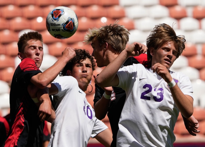 (Francisco Kjolseth | The Salt Lake Tribune) Alta battles Lehi in a corner kick during their 5A State Soccer Championship title game at Rio Tinto Stadium, Wednesday, May 25, 2022. Alta defeated Lehi in shootout 3-1.