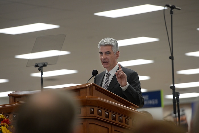 (Scott Sommerdorf  |  The Salt Lake Tribune)   
LDS Presiding Bishop Gerald Causse speaks during the grand opening of the new Riverton Deseret Industries thrift store and donation center (12449 S. Creek Meadow Road) on Wednesday, Oct. 25, 2017.