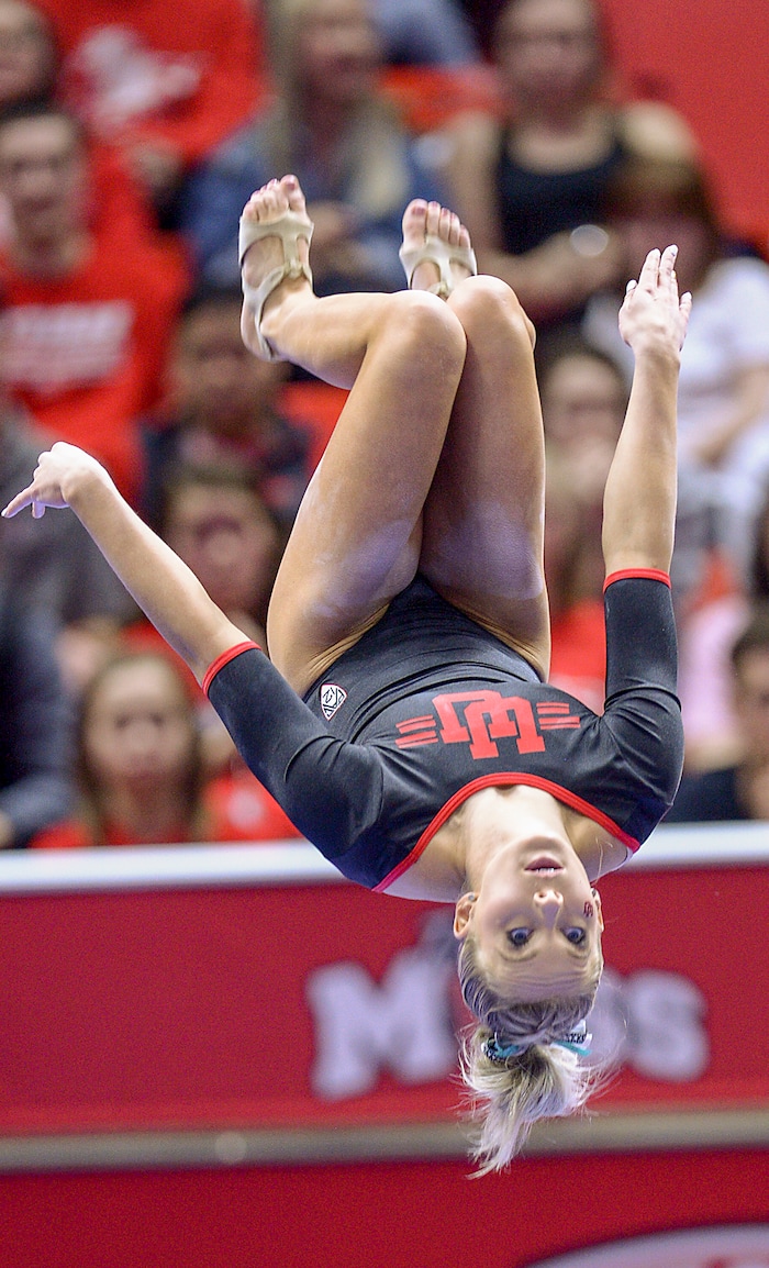 (Leah Hogsten  |  The Salt Lake Tribune) MyKayla Skinner on the beam as Utah hosts Arizona State in Women's Gymnastics at Jon M. Huntsman Center, Friday, February 9, 2018. 