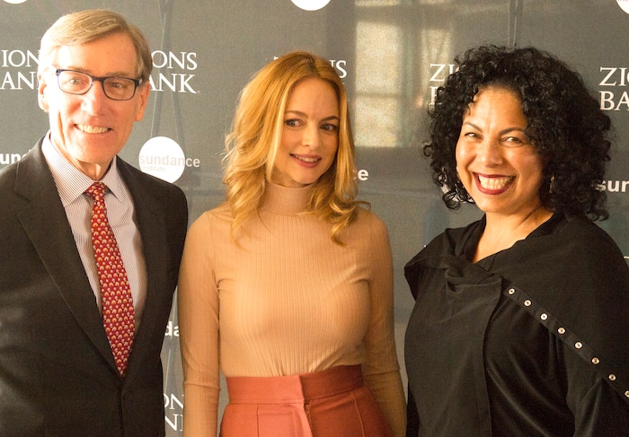 (Rick Egan  |  The Salt Lake Tribune)     Scott Anderson, president and CEO of Zions Bank, with Heather Graham and Lucy Cardenas, owner of Red Iguana.  Cardenas received a leadership award at the 2018 Sundance Film Festival Utah Women’s Leadership Celebration in Park City on Thursday, Jan. 25, 2018.