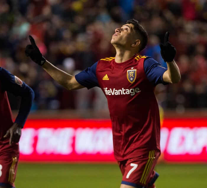 (Rick Egan  |  The Salt Lake Tribune)      Real Salt Lake forward Jefferson Savarino (7) celebrates after scoring a goal, in MLS action between Real Salt Lake and Vancouver Whitecaps, at Rio Tinto Stadium beSaturday, April 7, 2018.


