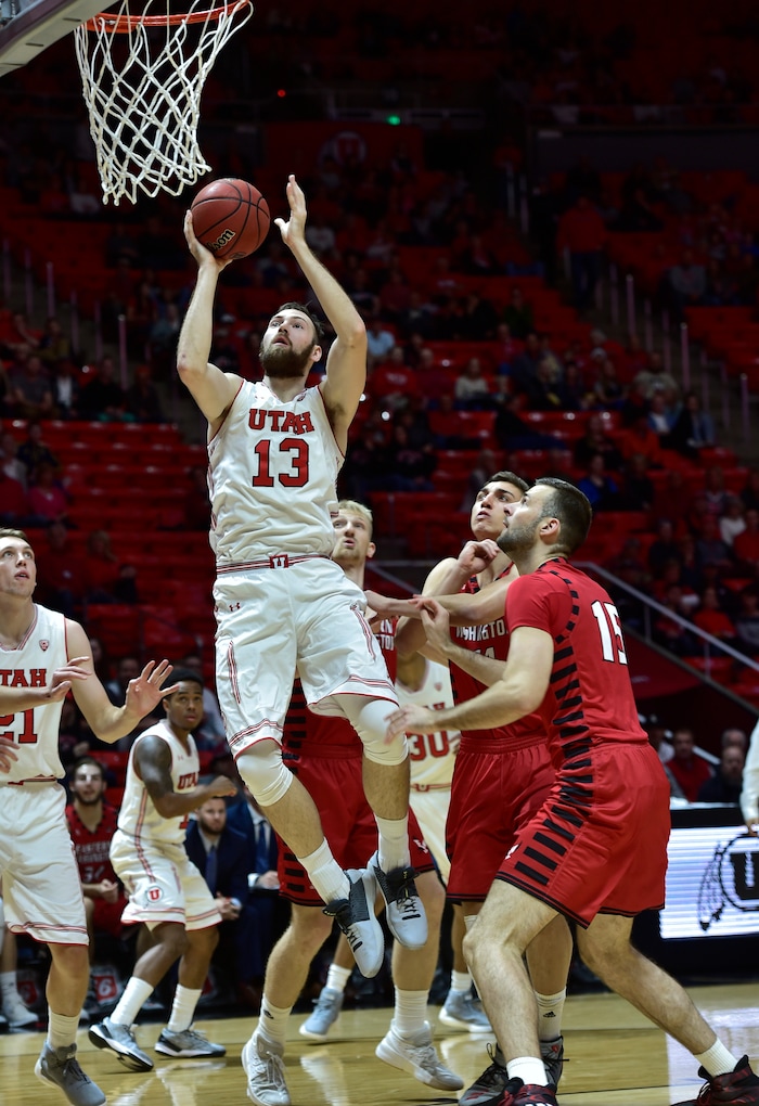 (Scott Sommerdorf   |  The Salt Lake Tribune)   Utah's David Collette scores during an 18-point first half.Utah defeated Eastern Washington 85-69, Friday, November 24, 2017. 