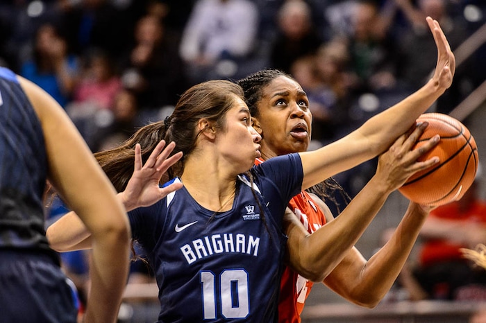 (Trent Nelson | The Salt Lake Tribune)  Brigham Young Cougars forward Malia Nawahine (10) defends Utah Utes forward Tanaeya Boclair (32) as BYU hosts Utah, NCAA women's basketball in Provo, Saturday December 9, 2017.