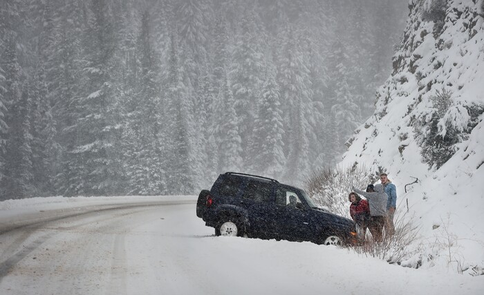 (Scott Sommerdorf | The Salt Lake Tribune)
An unfortunate driver slid off the road in Big Cottonwood Canyon, Friday, November 17, 2017.