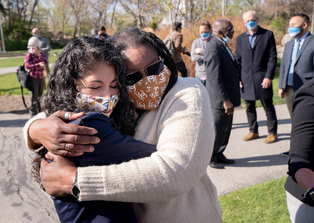 (Francisco Kjolseth  | The Salt Lake Tribune) Salt Lake City Racial and Equity in Policing Commission members Nicole Salazar-Hall, left, and Darlene McDonald embrace following a press conference at the International Peace Gardens in Salt Lake City on Tuesday, April 20, 2021, following the guilty verdict on all three counts in the murder trial of former Minneapolis police Officer Derek Chauvin in the death of George Floyd.
