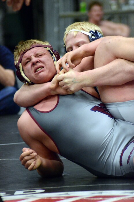 David Anderson  |  The Richfield Reaper
Millard’s Calun Whitaker and North Sevier’s Tanner Sorenson compete for the 220-pound state title at the Class 2A state meet Saturday in Richfield.