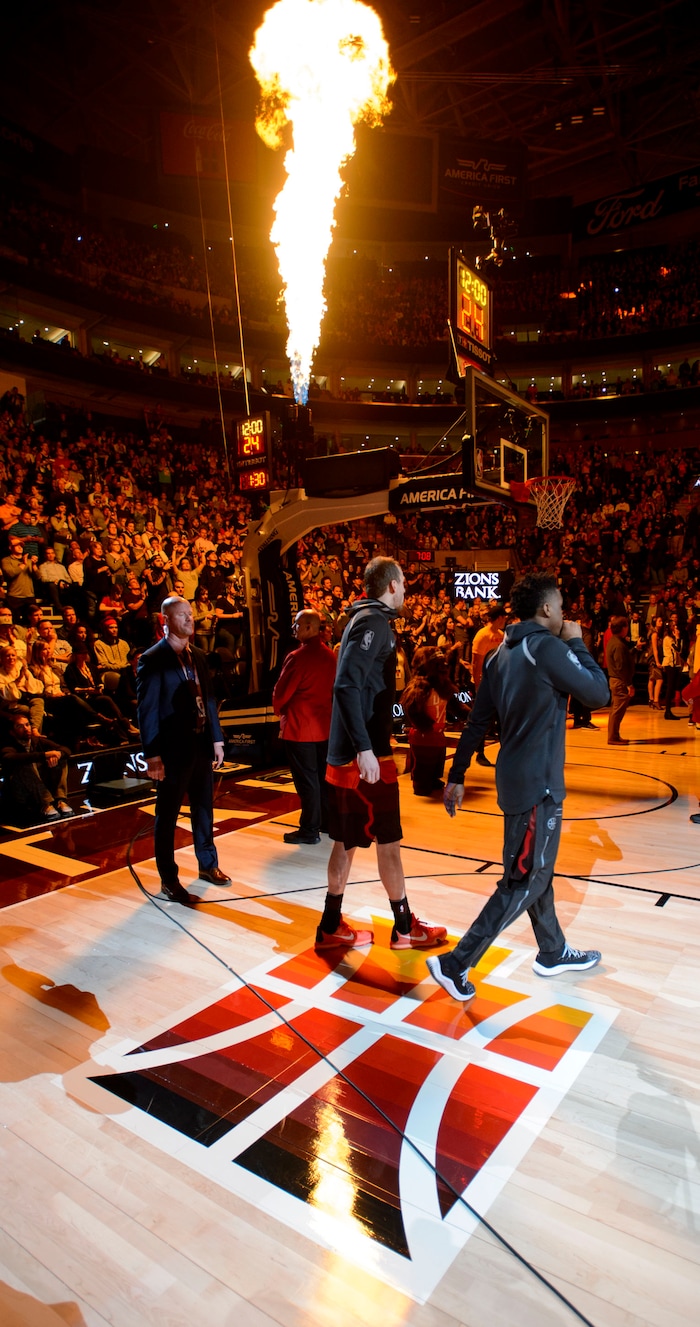 (Steve Griffin  |  The Salt Lake Tribune) The Jazz are introduced on the new court during the Utah Jazz versus Golden State Warriors at Vivint Smart Home Arena in Salt Lake City Tuesday January 30, 2018.