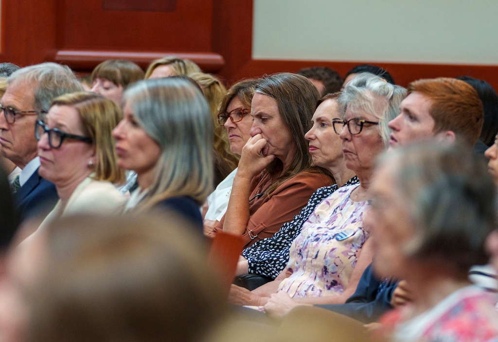 (Leah Hogsten | The Salt Lake Tribune) Supporters for both sides packed the Utah Supreme Court during the partisan gerrymandering case regarding Utah’s congressional districts, July 11, 2023. The plaintiffs, including include The League of Women Voters, Mormon Women for Ethical Government and Utah residents argued that the Utah Legislature intentionally drew congressional districts to split Salt Lake County into four parts in order to dilute the vote of the most liberal part of the state. Attorneys for the Legislature and the Attorney General’s office argued that there is a logical reason to split the county to garner an urban-rural mix.