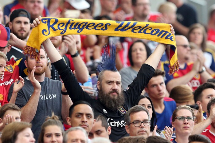 Fans watch during the first half of a friendly soccer match between Manchester United and Real Salt Lake on Monday, July 17, 2017, in Sandy, Utah. (AP Photo/Rick Bowmer)