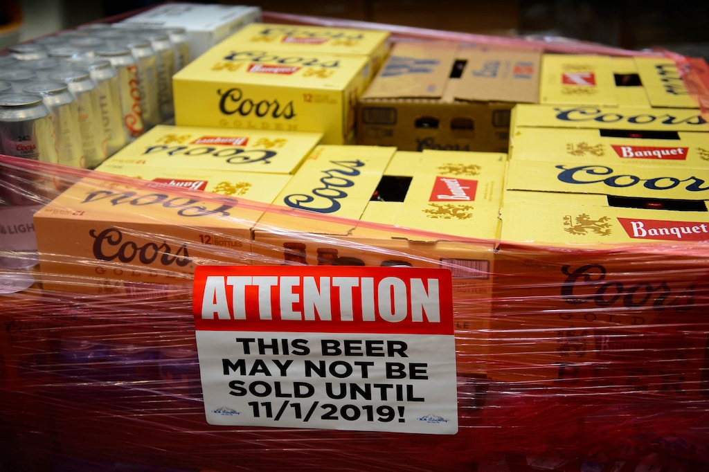 (Trent Nelson | The Salt Lake Tribune)
A pallet of beer at Harmons in Riverton on Friday, Oct. 25, 2019. Utah grocery and convenience stores can't sell higher alcohol beers until Nov. 1. But starting Friday, the retail outlets can begin to store the 5% alcohol-by-volume beers in their warehouses in anticipation of the historic change.
