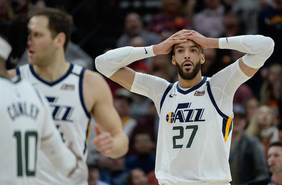 (Francisco Kjolseth  |  The Salt Lake Tribune) Utah Jazz center Rudy Gobert (27) is dismayed by a call on Utah Jazz guard Joe Ingles (2) as the Utah Jazz host the Denver Nuggets in their NBA basketball game at Vivint Smart Home Arena in Salt Lake City on Wednesday, Feb. 5, 2020.