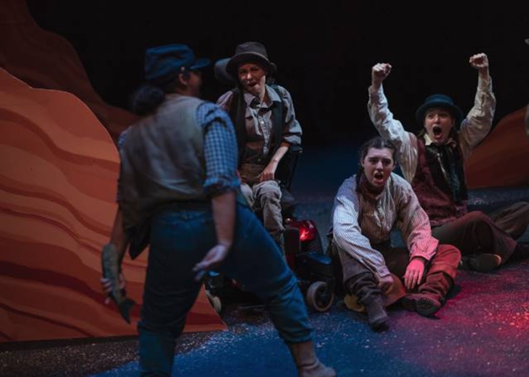 (Photo courtesy of Max Rutherford) A scene from Westminster College's October 2018 production of "Men On Boats." Left to right: Taylor Wallace as John Colton Sumner; Melissa Salguera Old Shady; Emily Kitterer as Seneca Howland and Daisy Sherman as Frank Goodman.