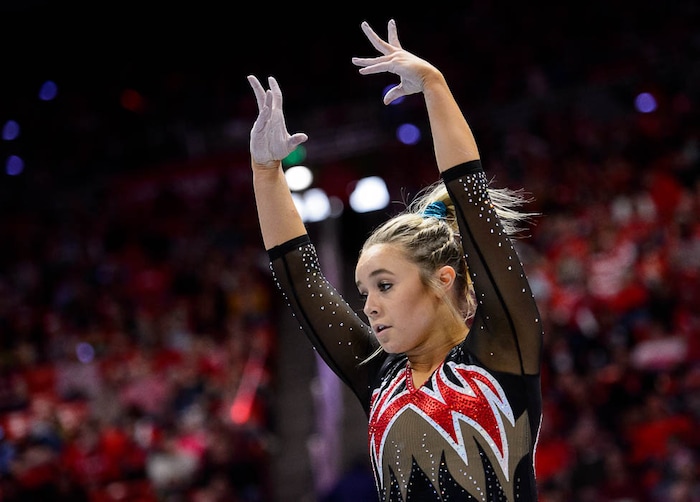 (Trent Nelson | The Salt Lake Tribune)  Sydney Soloski on floor as Utah hosts Washington, NCAA gymnastics in Salt Lake City, Saturday February 3, 2018.