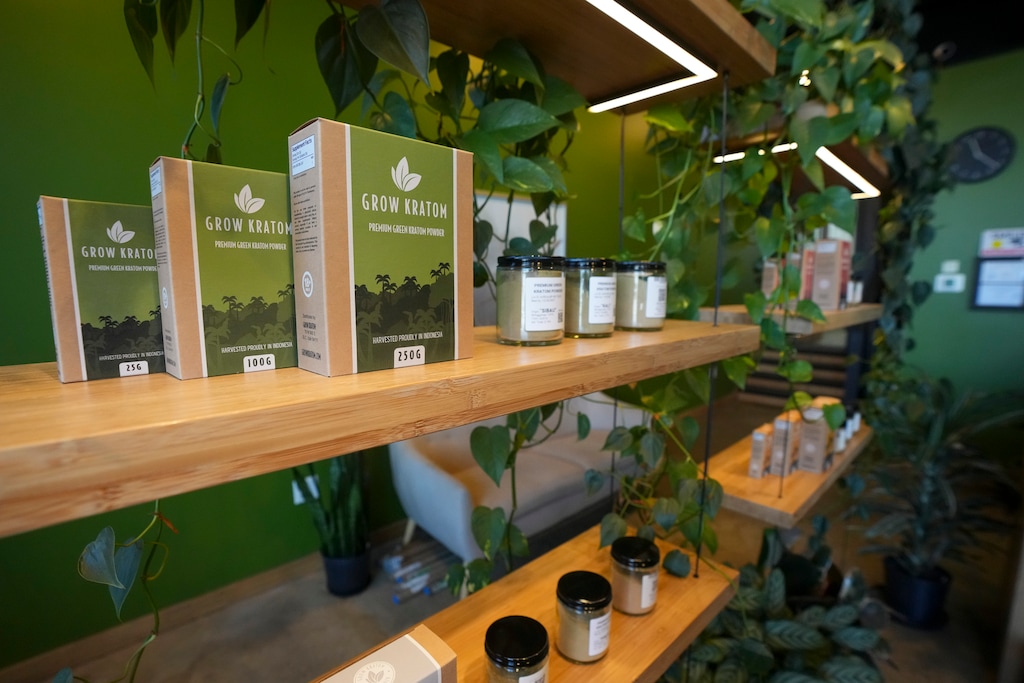 (Bethany Baker  |  The Salt Lake Tribune) Various containers of kratom powder are seen on display at Grow Kratom in Salt Lake City on Tuesday, Feb. 3, 2026.