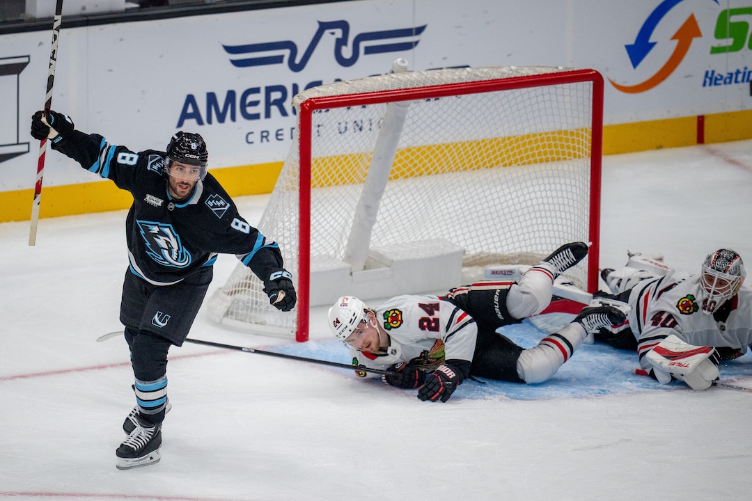 (Trent Nelson  |  The Salt Lake Tribune) Utah Mammoth center Nick Schmaltz (8) scores a goal as the Utah Mammoth host the Chicago Blackhawks, NHL hockey in Salt Lake City on Thursday, Oct. 1, 2026.