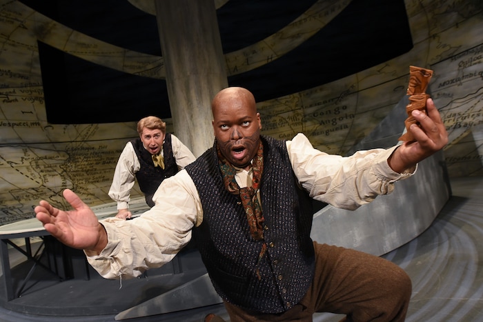 (Francisco Kjolseth  |  The Salt Lake Tribune)  Stars Joshua Dennis as Greenhorn, left, and Musa Ngqungwana as Queequeg act out scenes from Utah Opera's upcoming "Moby-Dick" at the Capitol Theatre for the 21st-century opera by Jake Heggie based on the classic novel by Herman Melville.