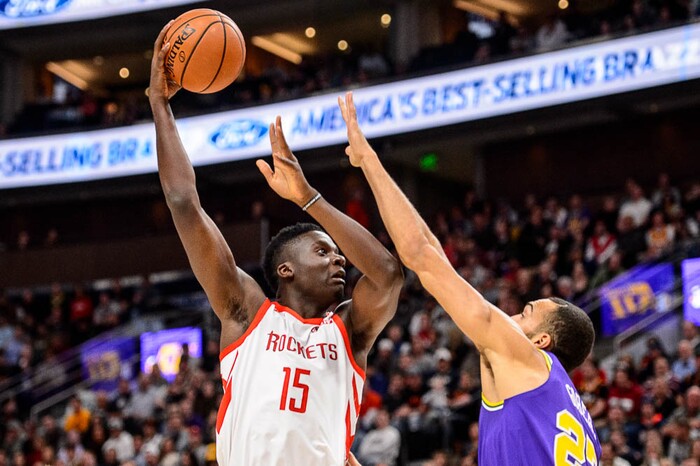 (Trent Nelson | The Salt Lake Tribune)  
Houston Rockets center Clint Capela (15) shoots over Utah Jazz center Rudy Gobert (27). The Utah Jazz host the Houston Rockets, NBA basketball in Salt Lake City on Thursday Dec. 6, 2018.