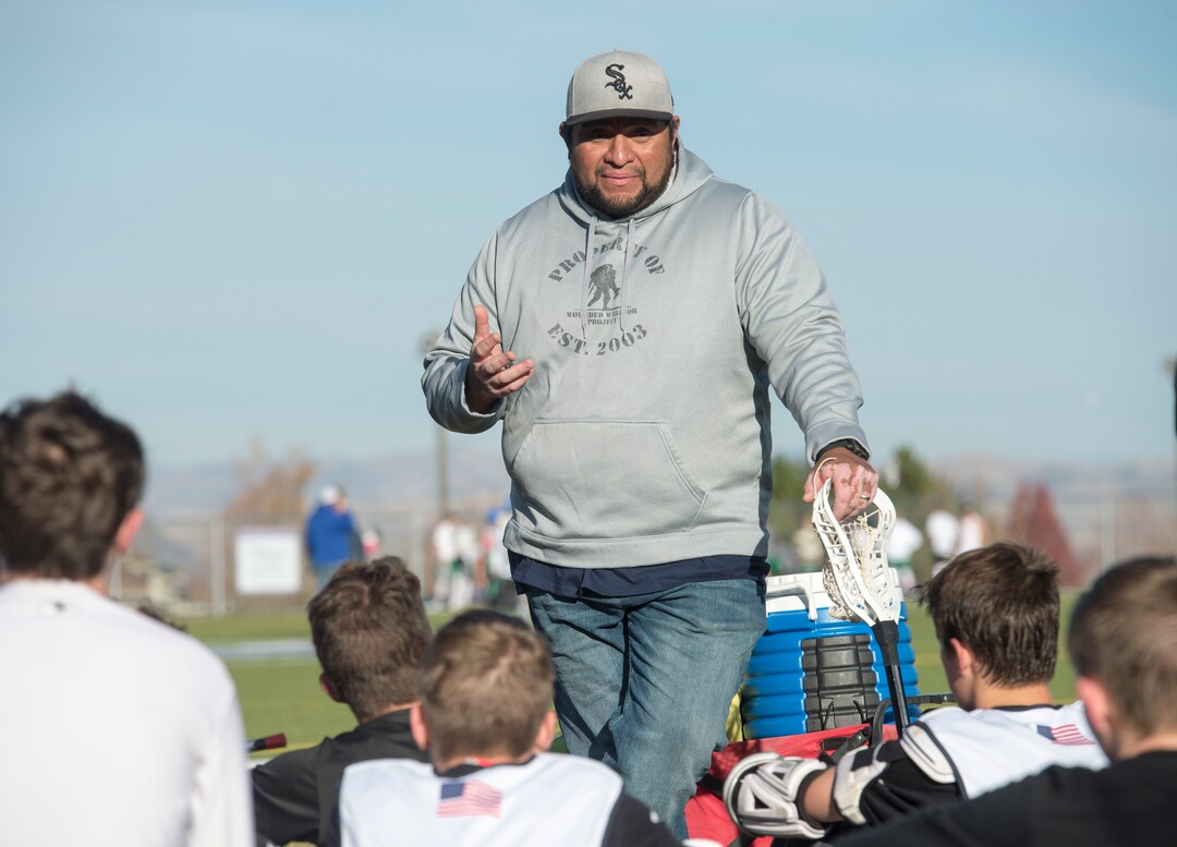 (Rick Egan | The Salt Lake Tribune) Box Elder lacrosse coach Juan Gaytan talks to his team between games during a lacrosse tournament in Logan on Saturday, Nov. 3, 2018.
