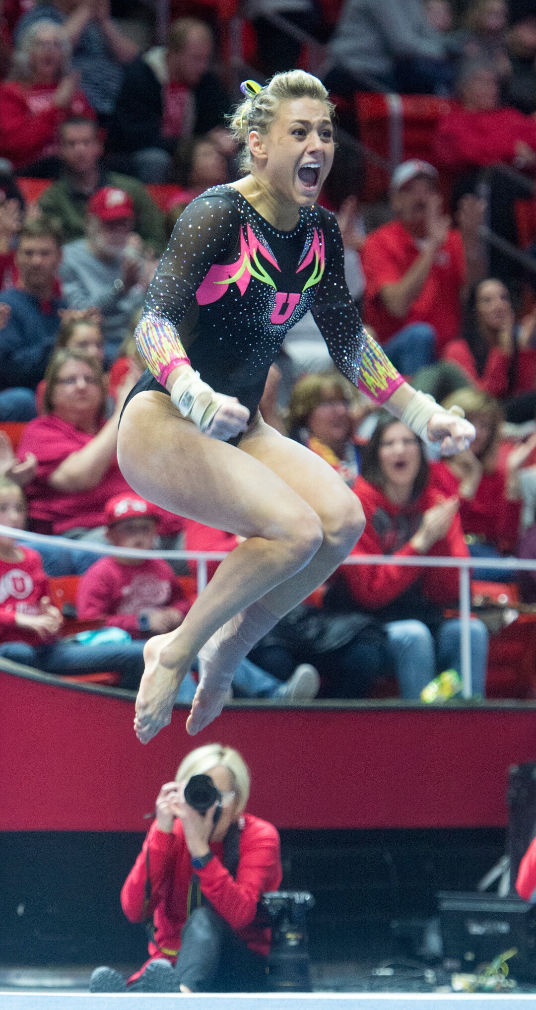 (Rick Egan  |  The Salt Lake Tribune)   Tiffani Lewis reacts after her floor routine for Utah, in Gymnastics action Utah vs. Oregon State at the Jon M. Huntsman Center, Friday, January 19, 2018.
