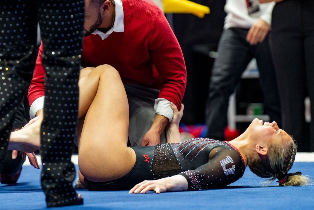 (Rick Egan | The Salt Lake Tribune)  Avery Neff stopped short on her floor routines due to an injury, during a Big12 Gymnastics meet against Iowa State, at the Jon M. Huntsman Center, on Friday, Jan 17, 2025.  . 