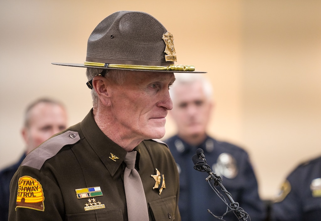 (Chris Samuels | The Salt Lake Tribune) Then-Utah Highway Patrol Col. Michael Rapich speaks during a media briefing on Monday, May 6, 2024. Rapich will now serve as Utah Valley University's inaugural chief safety officer.