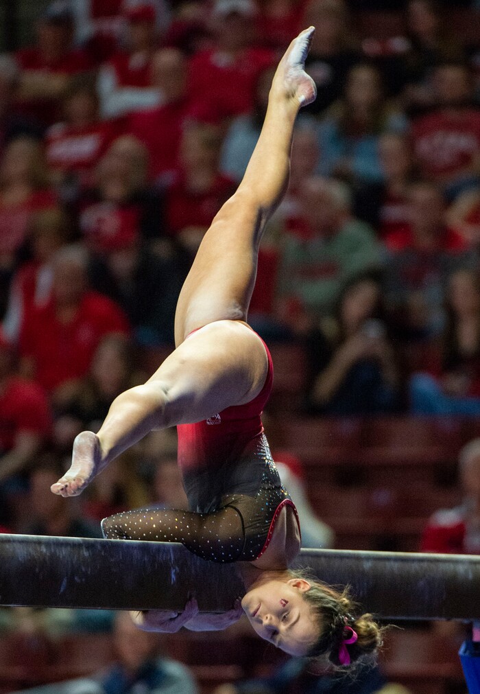 (Rick Egan  |  The Salt Lake Tribune)    Adrienne Randall competes on the balance beam for Utah, in the PAC-12 Gymnastics Championships at the Maverik Center, Saturday, March 23, 2019.


