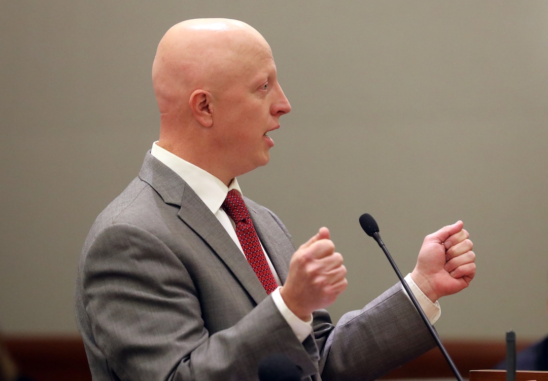 Robert P. Harrington, who represents Republican U.S. Rep. Mia Love's lawsuit, speaks in Third District Court Thursday Nov. 15, 2018, in West Jordan, Utah. A Utah judge has reserved a decision on a lawsuit in a tight House race filed by a Republican incumbent who is seeking to halt vote counting in a Democratic-leaning county that's key to the outcome. Judge James Gardner heard arguments Thursday in the lawsuit filed by Love, but ended the hearing without making a ruling. (AP Photo/Rick Bowmer, Pool)