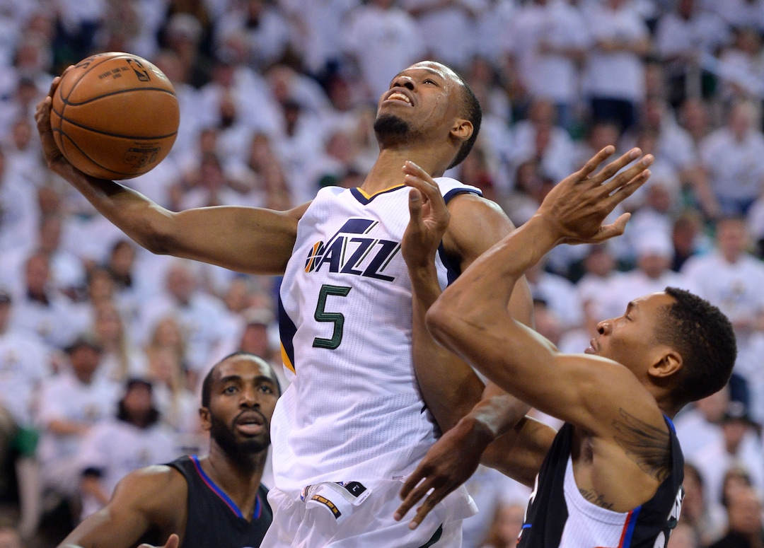 Steve Griffin  |  The Salt Lake TribuneUtah Jazz guard Rodney Hood (5) gets to the basket during the Jazz versus Clippers NBA playoff game at Viviint Smart Home arena in Salt Lake City Sunday April 23, 2017.