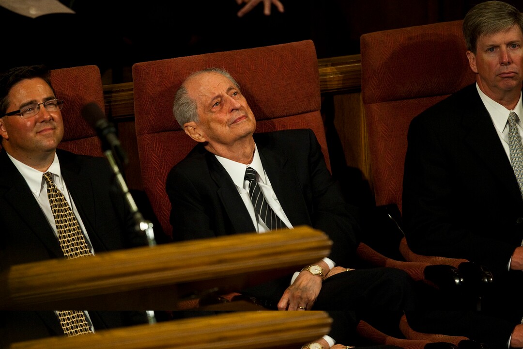 (Chris Detrick  | The Salt Lake Tribune)  Elder Robert D. Hales, center, listens as the Men's Chorus sings during the funeral service for Arnold Friberg at the Assembly Hall on Temple Square Saturday, July 10, 2010.