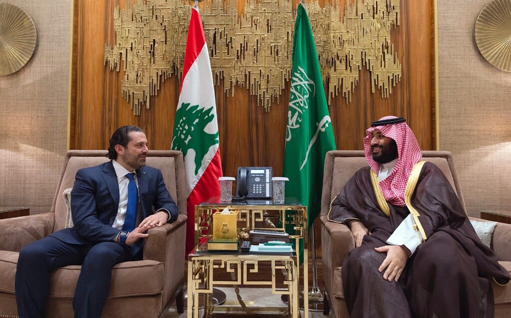 In this photo released on Monday, Oct. 30, 2017 by Lebanon's official government photographer Dalati Nohra, showing Saudi Crown Prince Mohammed bin Salman, right, meets with Lebanese Prime Minister Saad Hariri in Riyadh, Saudi Arabia.  Hariri resigned from his post Saturday, Nov. 4, 2017 during a trip to Saudi Arabia in a surprise move that plunged the country into uncertainty amid heightened regional tensions. (Dalati Nohra via AP)