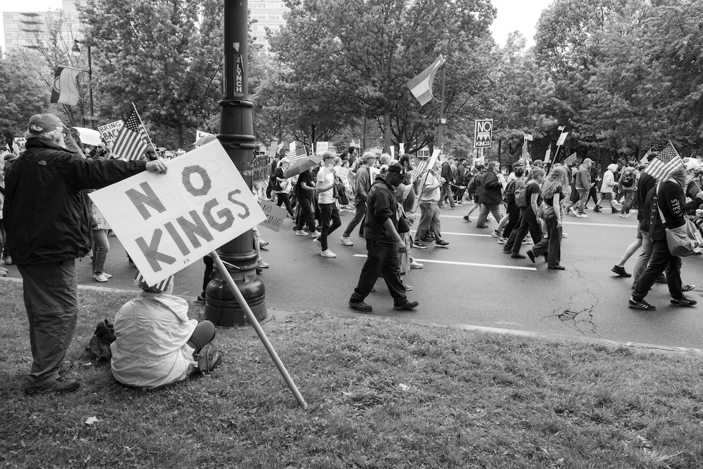 "No Kings" protesters march in Philadelphia on June 14, 2025. (Jonno Rattman/The New York Times)