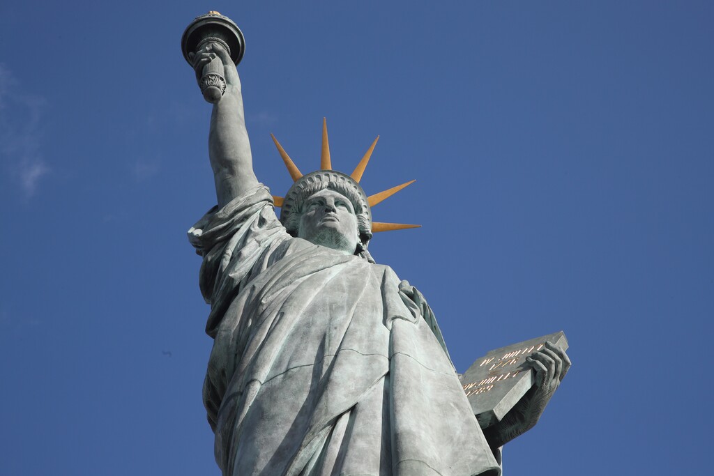 The replica of the Statue of the Liberty is pictured in Paris, Tuesday, Nov. 3, 2020.  (AP Photo/Michel Euler)