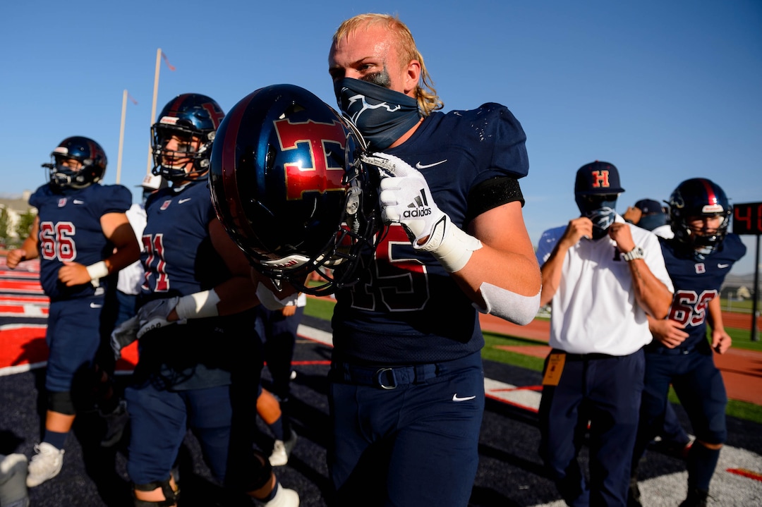 (Trent Nelson  |  The Salt Lake Tribune) Herriman players before facing Davis, high school football, in Herriman on Thursday, Aug. 13, 2020.