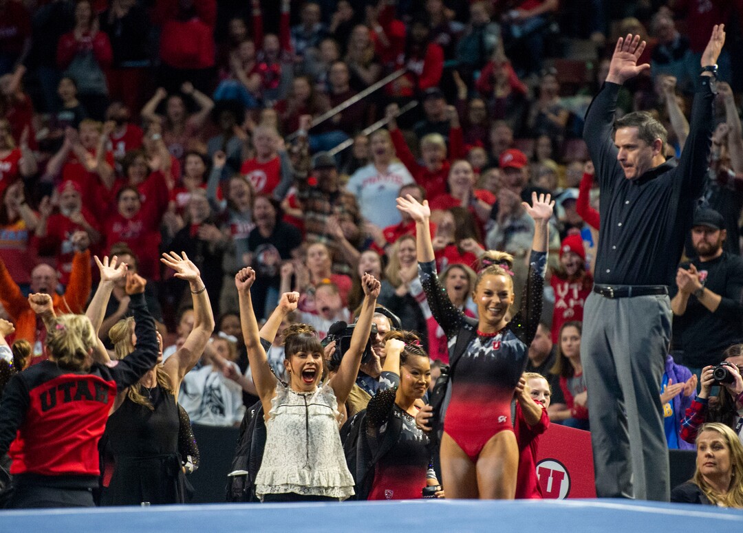 (Rick Egan  |  The Salt Lake Tribune)    MyKayla Skinner waves to the crowd after scoring a 10 on the floor exercise, in the PAC-12 Gymnastics Championships at the Maverik Center, Saturday, March 23, 2019.