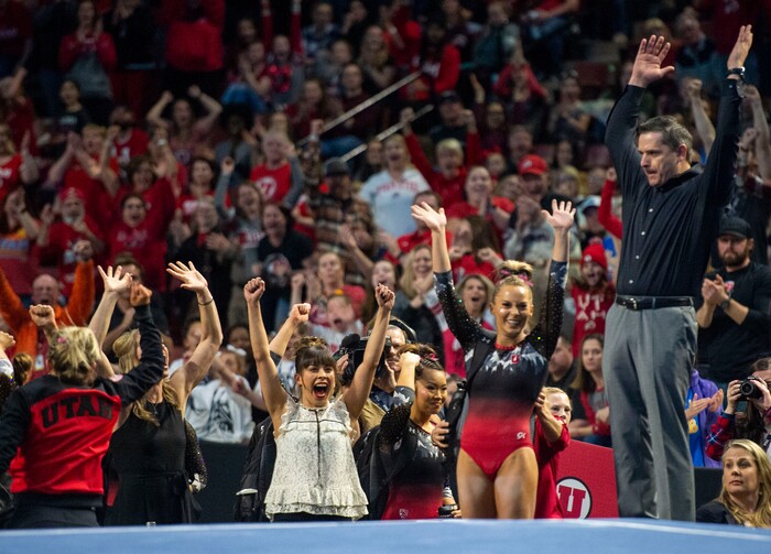 (Rick Egan  |  The Salt Lake Tribune)    MyKayla Skinner waves to the crowd after scoring a 10 on the floor exercise, in the PAC-12 Gymnastics Championships at the Maverik Center, Saturday, March 23, 2019.


