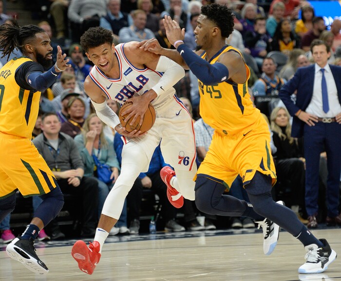(Francisco Kjolseth  |  The Salt Lake Tribune)  Philadelphia 76ers forward Matisse Thybulle (22) is pressured by Utah Jazz guard Donovan Mitchell (45) as the Utah Jazz host the Philadelphia 76ers in their NBA basketball game at Vivint Smart Home Arena in Salt Lake City on Wednesday, Nov. 6, 2019.