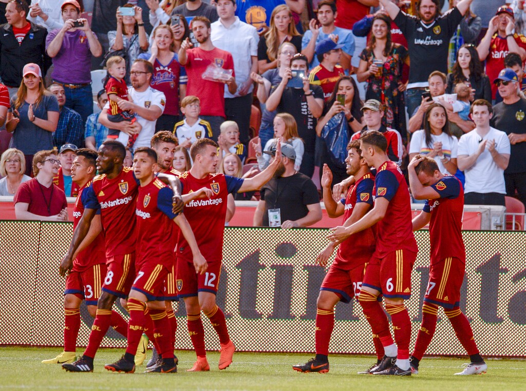 (Leah Hogsten | The Salt Lake Tribune) Real Salt Lake forward Corey Baird (27) celebrates his goal in the second half as Real Salt Lake defeated the Seattle Sounders at Rio Tinto Stadium 2-0 in Sandy, Utah, Saturday, June 2, 2018.