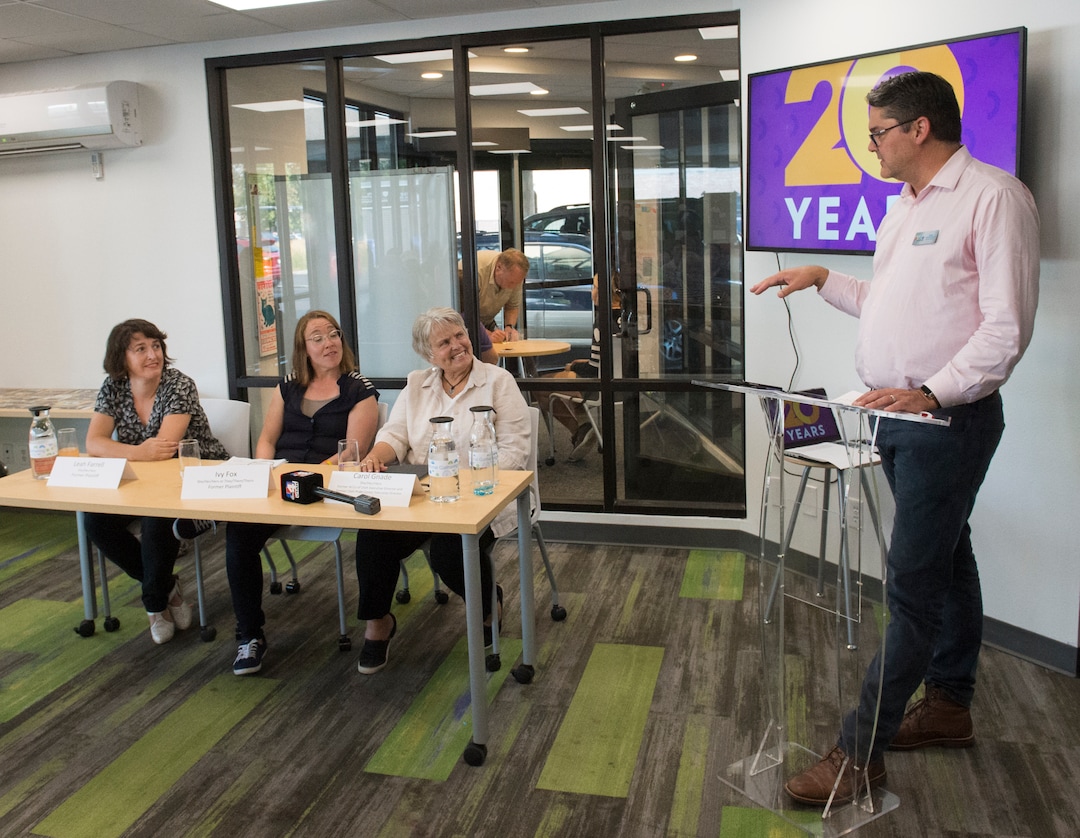 (Rick Egan  |  The Salt Lake Tribune)    Leah Farrell (left) and Ivy Fox (center), original plaintiffs from the East High Gay/Straight Alliance vs. Board of Education of Salt Lake City, join Carol Gnade (right)  speak during a panel discussion moderated by Ron Moolman, Executive Director of the Utah Pride Center, on the 20th anniversary of a landmark lawsuit, at the Utah Pride Center, Friday, Aug. 3, 2018.