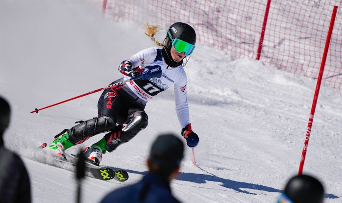 (Francisco Kjolseth | The Salt Lake Tribune) Kaja Norbye of the University of Utah competes in women’s slalom during the NCAA Skiing Championships held at Park City Mountain Resort on Friday, March 11, 2022, in Park City, Utah.