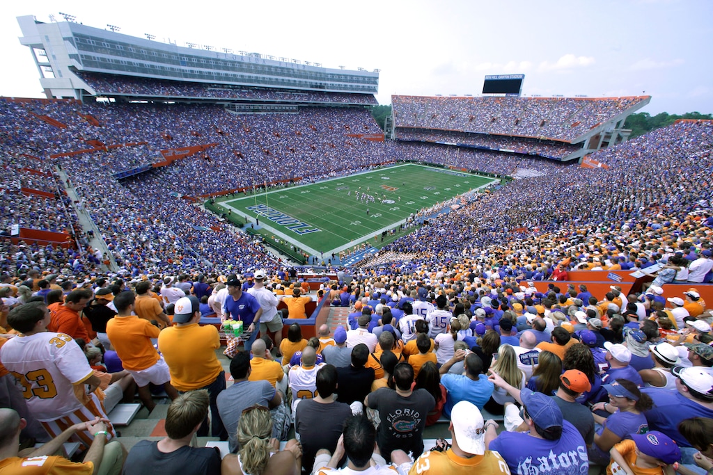 FILE - In this Sept. 17, 2011, file photo, fans watch an NCAA college football game between Tennessee and Florida in Ben Hill Griffin Stadium at Florida Field in Gainesville, Fla. Florida is renaming its football field after former coach Steve Spurrier. The university's board of trustees approved the change Thursday, June 9,2016, making it Steve Spurrier-Florida Field at Ben Hill Griffin Stadium. (AP Photo/Phelan M. Ebenhack, File)