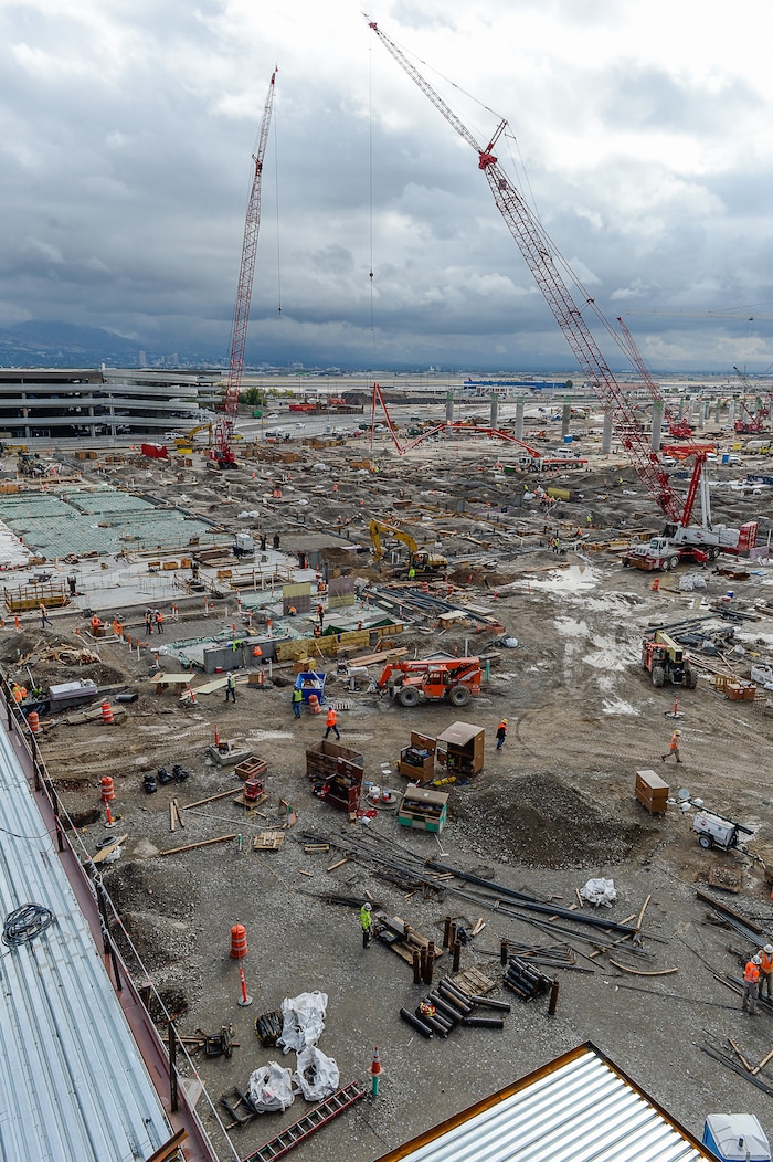 (Francisco Kjolseth  |  The Salt Lake Tribune)  The Salt Lake City Department of Airports gives a tour of the progress being made to replace the three aging terminals with a single central terminal building. Over time, the existing terminal, parking garage and concourses will be completely demolished and replaced with an estimated completion date of 2025.