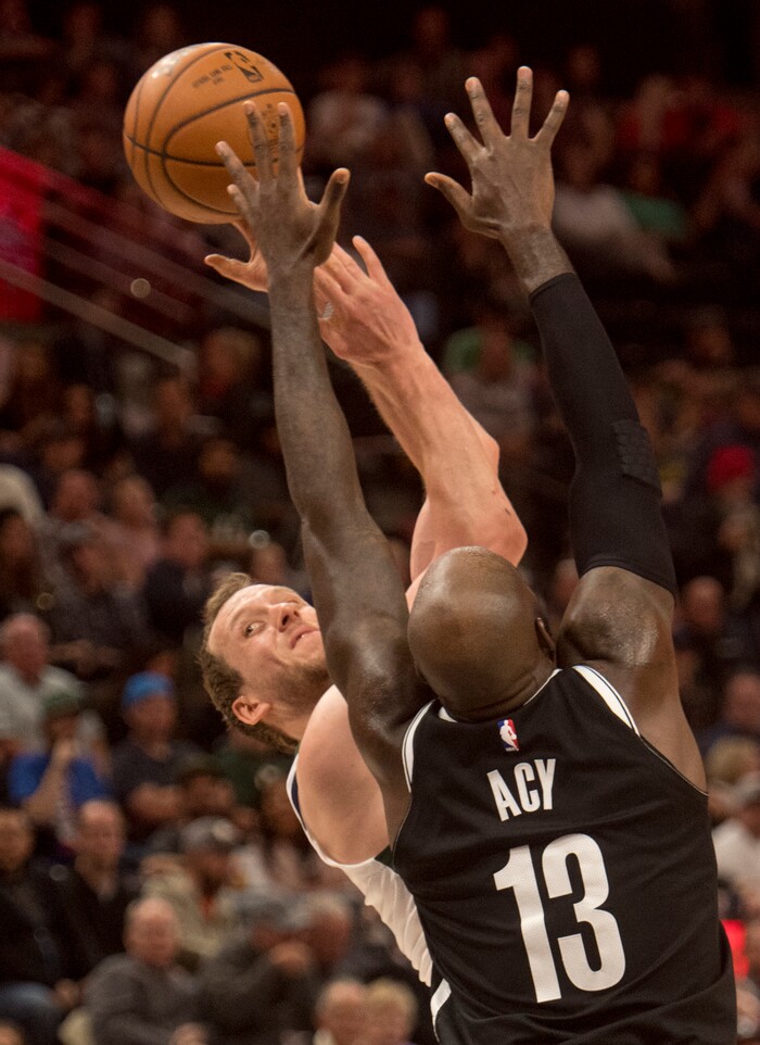 (Rick Egan  |  The Salt Lake Tribune) Utah Jazz forward Joe Ingles (2) tries to get the ball past Brooklyn Nets forward Quincy Acy (13), in NBA action, Utah Jazz vs. Brooklyn Nets, in Salt Lake City, Saturday, November 11, 2017.