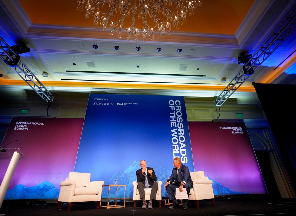 (Bethany Baker  |  The Salt Lake Tribune) Former Mexican President Vicente Fox, left, speaks with Don Salazar during the Crossroads of the World International Trade Summit at The Grand America in Salt Lake City on Thursday, May 23, 2024.