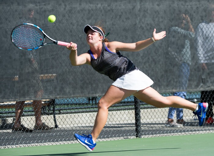 (Rick Egan  |  The Salt Lake Tribune)    Emma Jewell, Olympus, plays Emily Astle, Alta, in the 5A State High School tennis championship game. Friday, October 6, 2017.