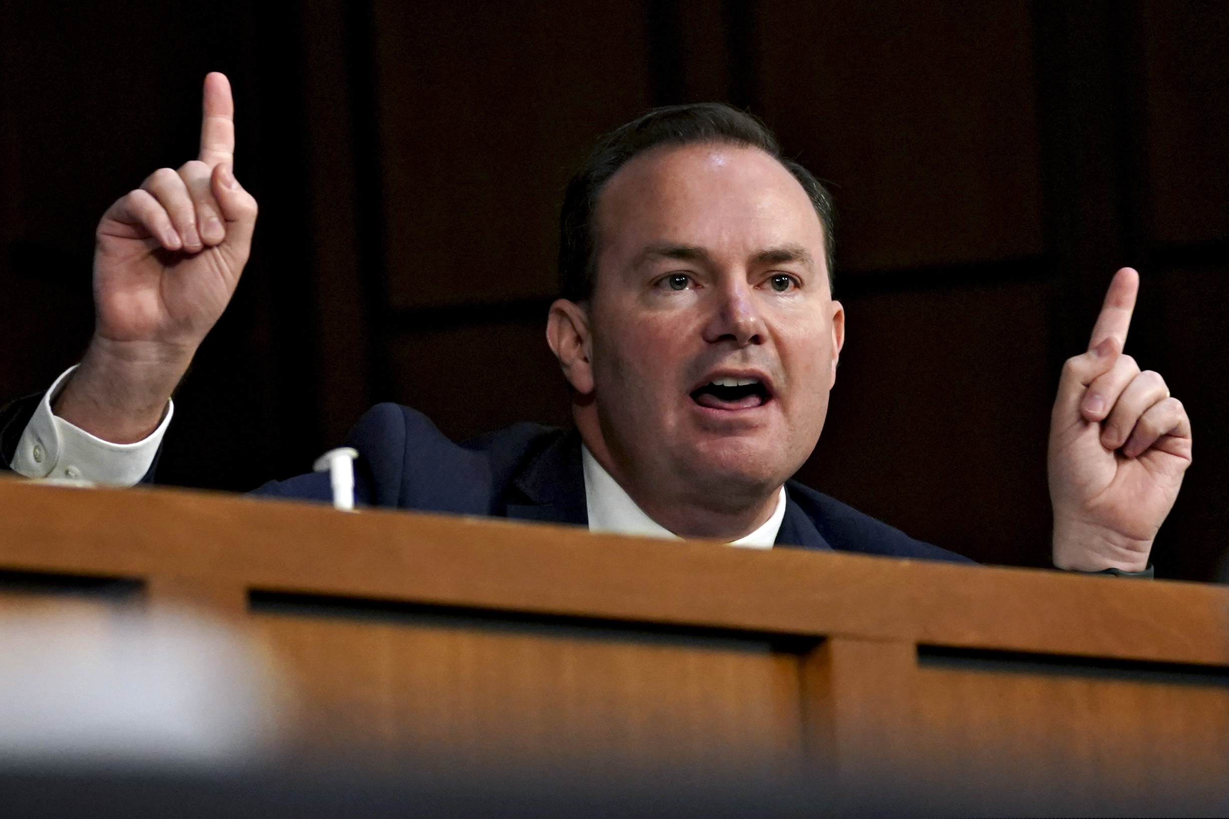 (Stefani Reynolds/Pool via AP) Sen. Mike Lee, R-Utah, questions Supreme Court nominee Amy Coney Barrett during the second day of her confirmation hearing before the Senate Judiciary Committee on Capitol Hill in Washington, Tuesday, Oct. 13, 2020.